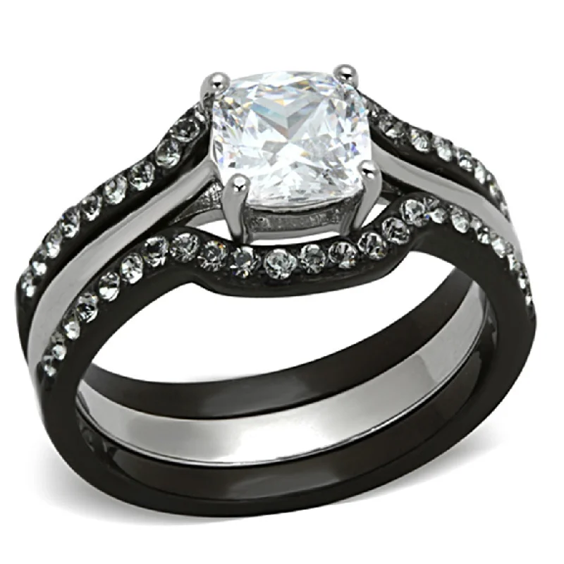 Tusk ridge ring-3 PCS Cushion Cut Black IP Two-Tone Stainless Steel Engagement Ring Set