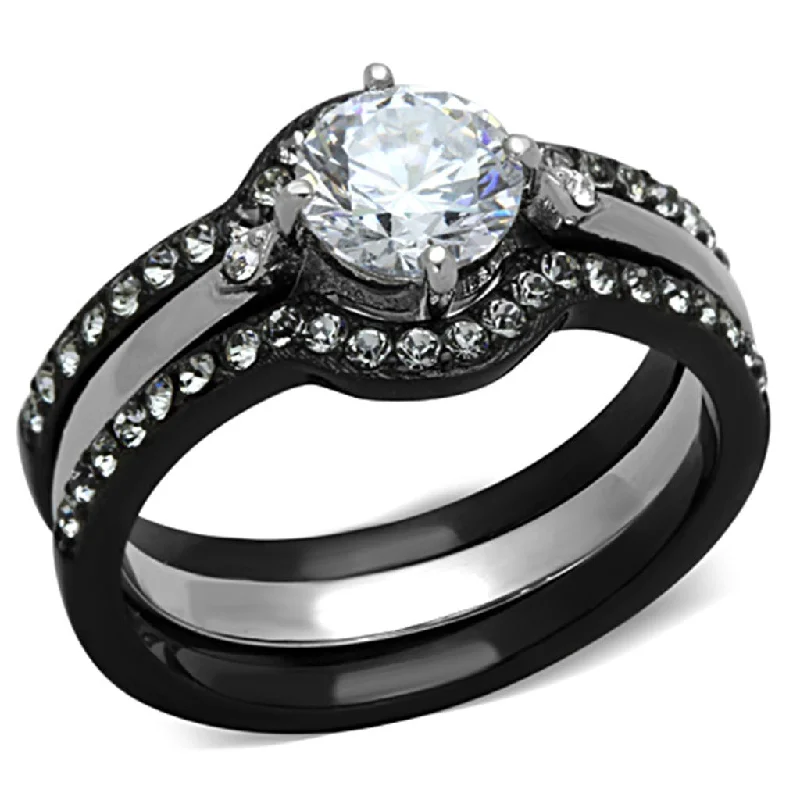 Onyx vein ring-3 PCS Round Cut Black IP Two-Tone Stainless Steel Engagement Ring Set