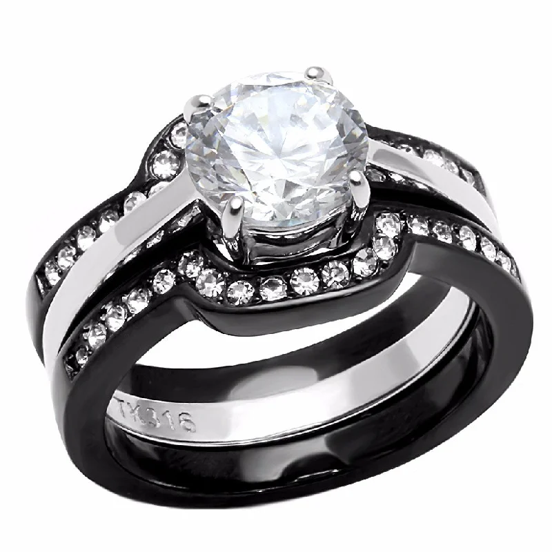 Slanted gem ring-3 PCS Round Cut Black IP Two-Tone Stainless Steel Engagement Rings Set