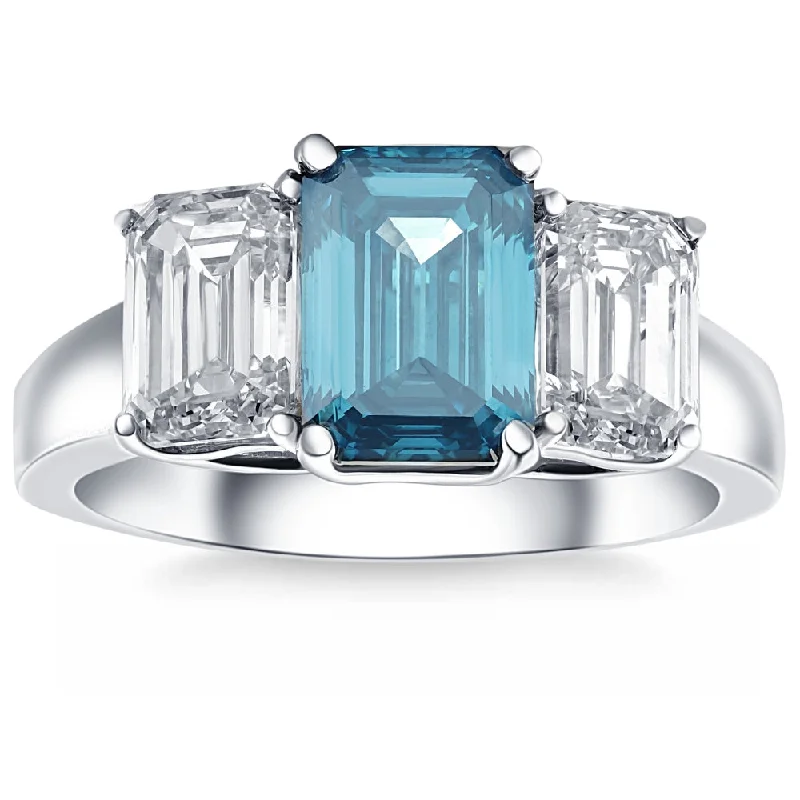 Artisan craft ring-4.50Ct Blue & White Emerald Cut Engagement Ring 14k White Gold Lab Grown