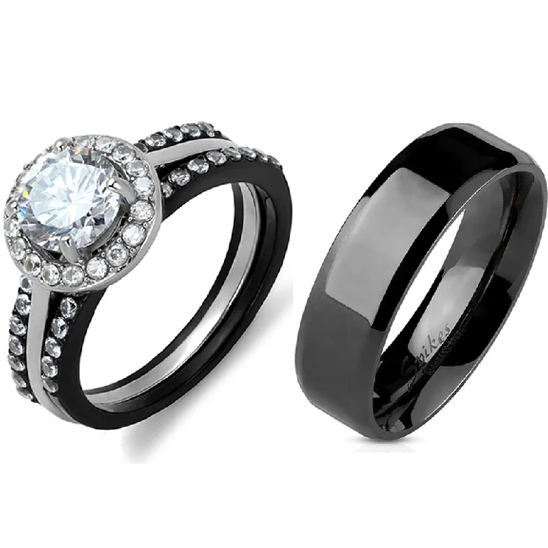 Bent sprig ring-4 PCS Couple Black IP Stainless Steel 7x7mm Round Cut CZ Engagement Ring Set Mens Flat Band