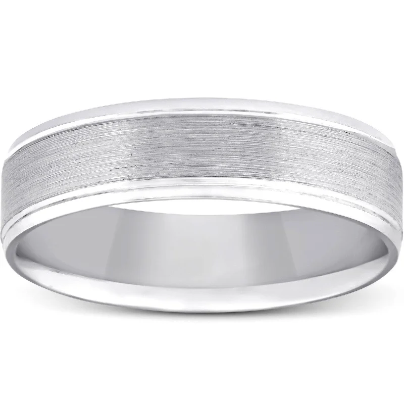 Linen band ring-5mm Flat Brushed Mens Wedding Band 10K White Gold