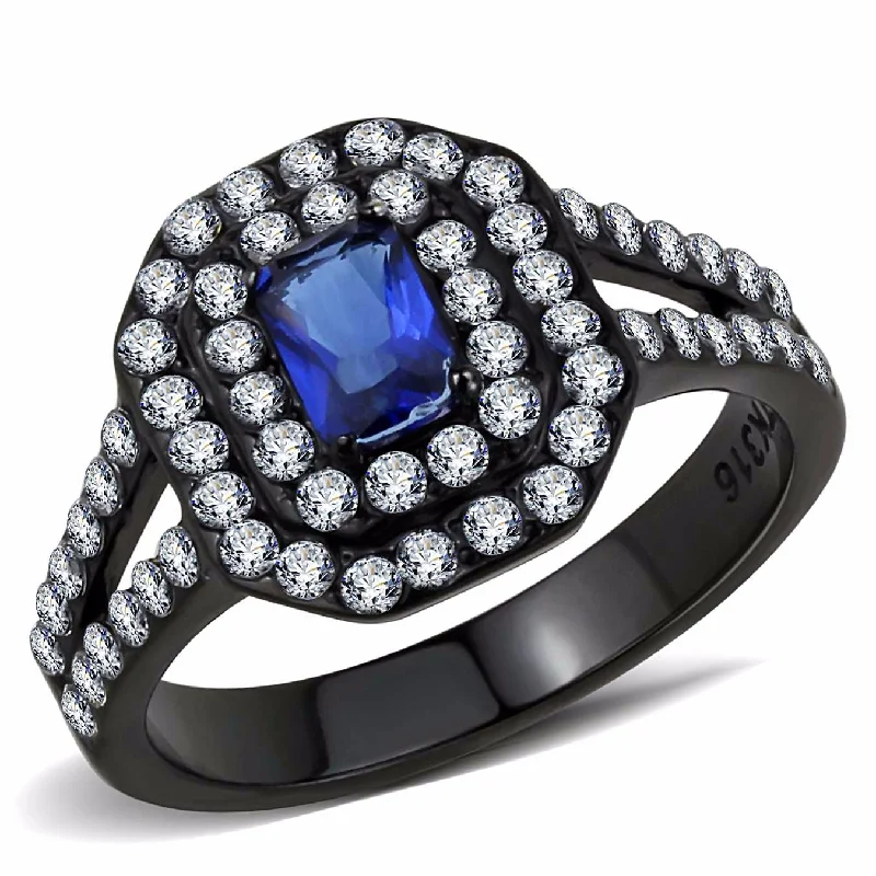 Ebony black ring-6x4mm Emerald Cut Deep Blue Sapphire CZ Black IP Stainless Steel Engagement Ring