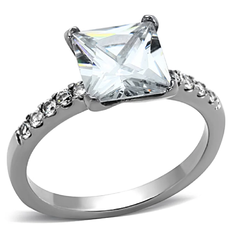 Spire gem ring-8x8mm Princess Cut Clear CZ Stainless Steel Engagement Ring