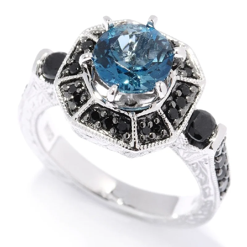 Curved shank ring-925 Sterling Silver Black Spinel and London Blue Topaz Ring