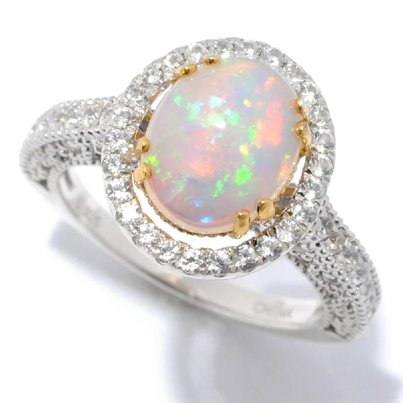 Fleck finish ring-925 Sterling Silver Ethiopian Opal and White Natural Zircon Ring