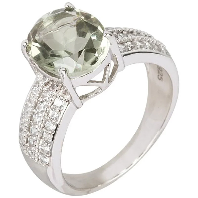 Micro bead ring-925 Sterling Silver Green Amethyst and White Natural Zircon Ring