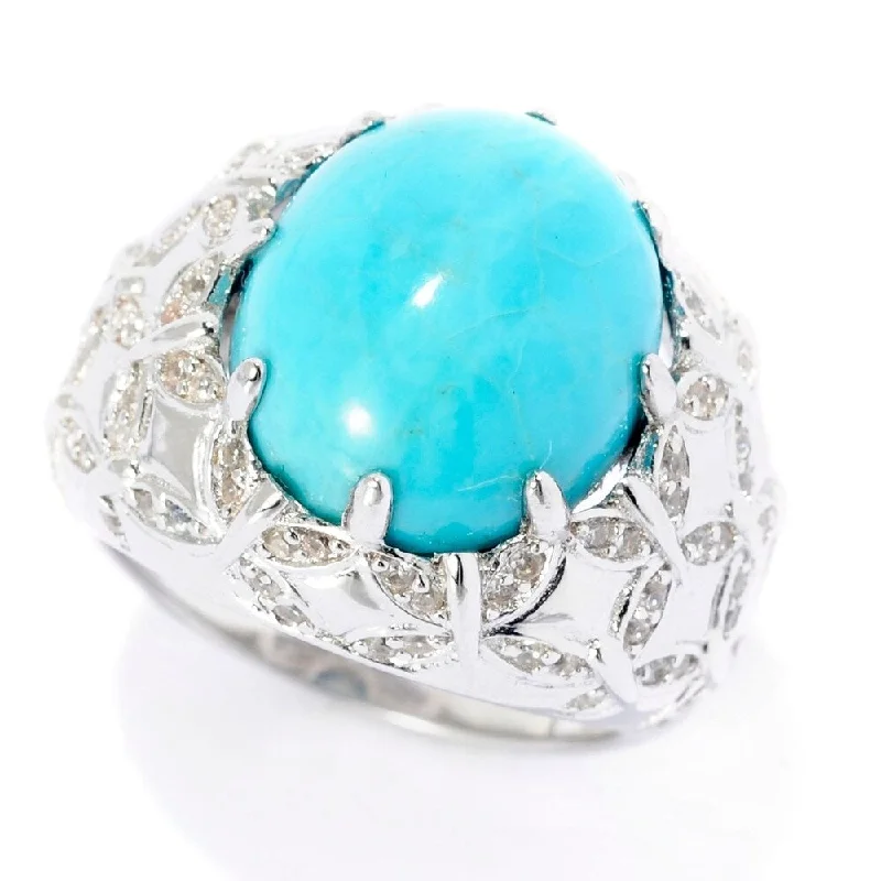 Curved shank ring-925 Sterling Silver Kingman Turquoise and White Natural Zircon Ring