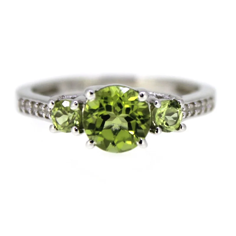 Heptagon gem ring-925 Sterling Silver Peridot and White Natural Zircon 3-Stone Ring