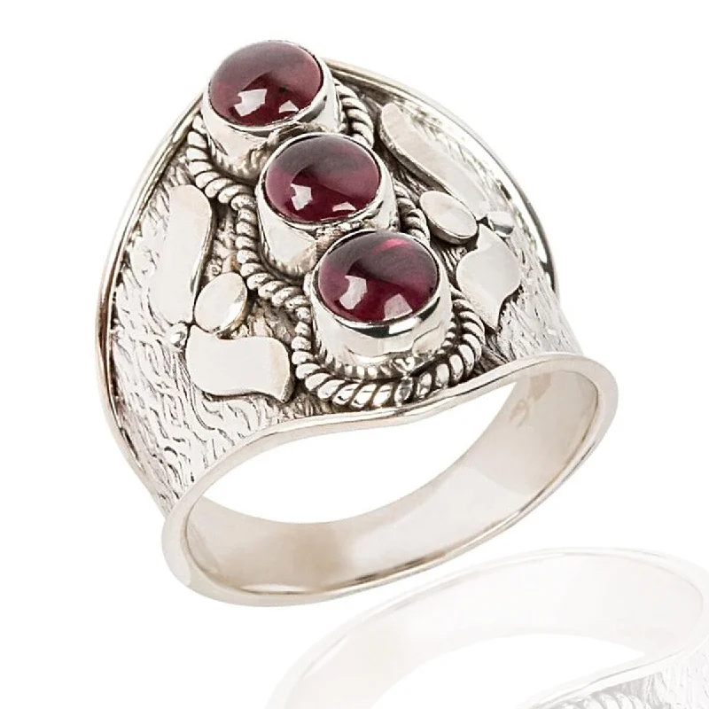 Dill sprig ring-925 Sterling Silver Red Garnet 3-Stone Ring