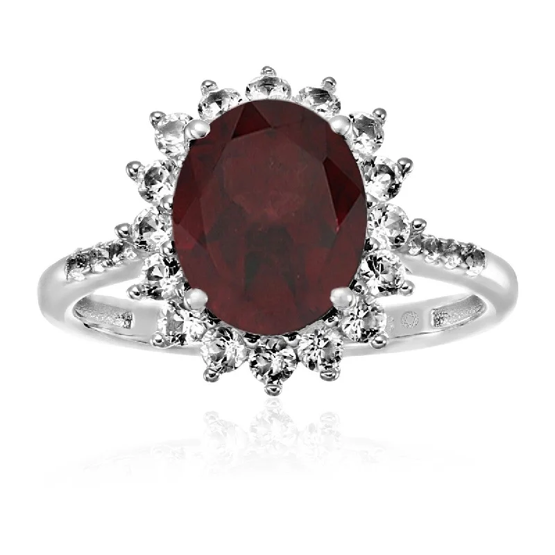 Smooth cut ring-925 Sterling Silver Red Garnet and Created White Sapphire Ring