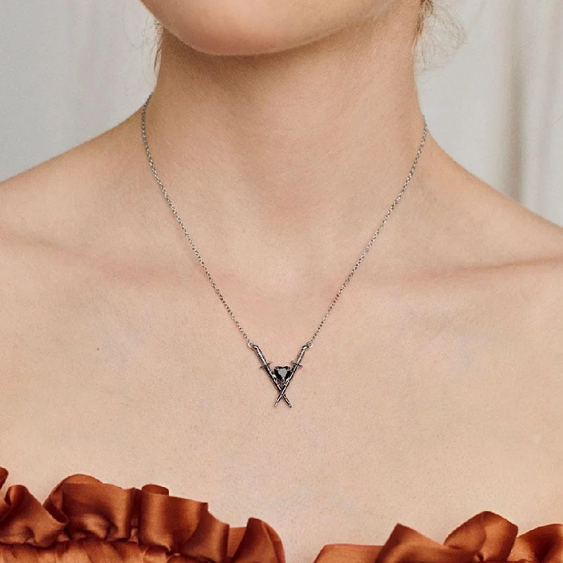 Oak grain necklace-ABJURE. Crossed Swords & Onyx Heart Necklace - Silver