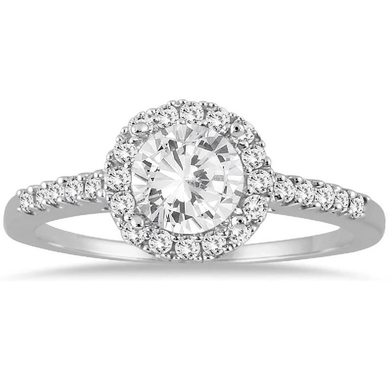 Side gem ring-AGS Certified 1 Carat TW Diamond Halo Engagement Ring in 10K White Gold (I-J Color, I2-I3 Clarity)