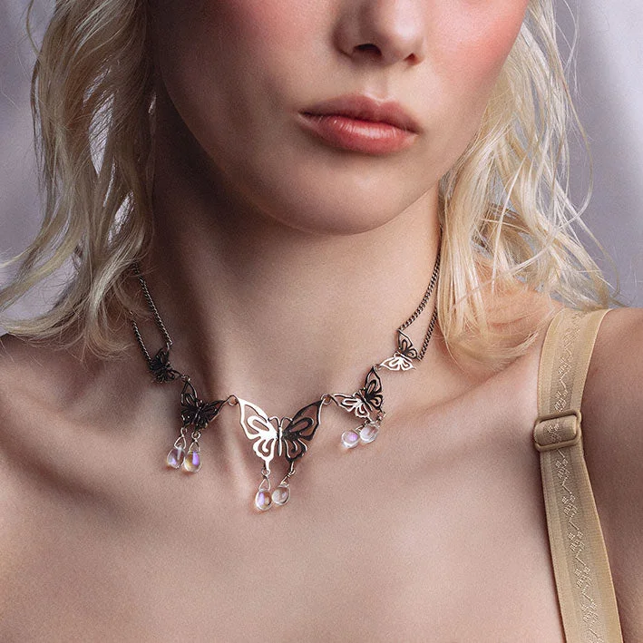 Viking twist necklace-ANTHEIA. Iridescent Butterfly Droplet Necklace - Silver