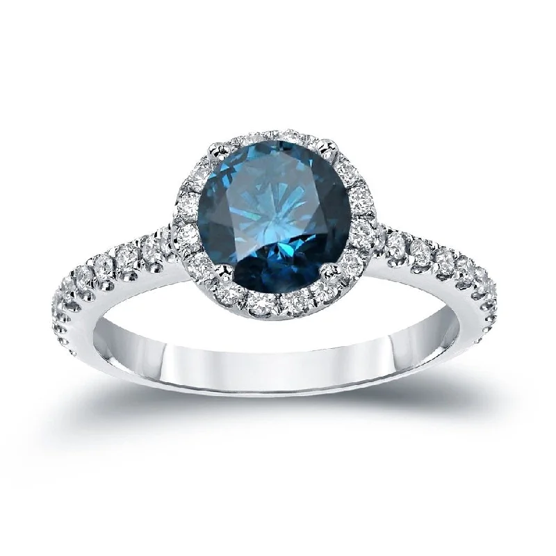 Cotton strip ring-Auriya 1 1/3ctw Round Halo Blue Diamond Engagement Ring 14k Gold