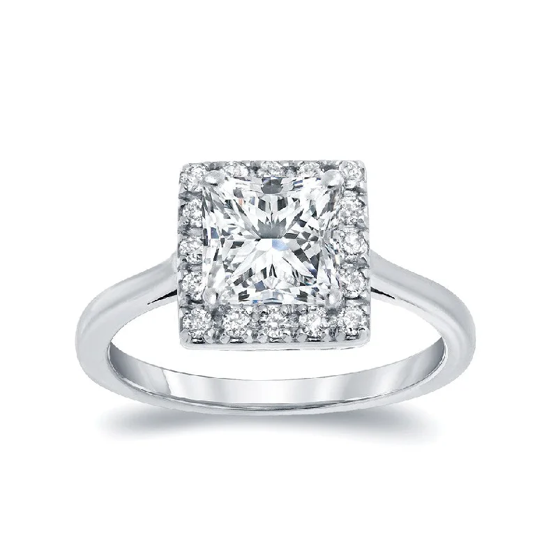 Micro bead ring-Auriya 1 1/4ctw Princess Cut Halo Diamond Engagement Ring Platinum Certified