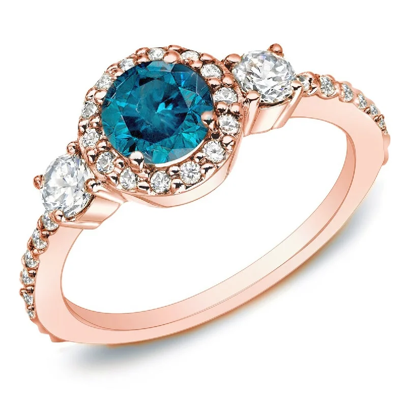 Cedar sprig ring-Auriya 14k Rose Gold 3/4ctw 3-Stone Halo Blue Diamond Engagement Ring