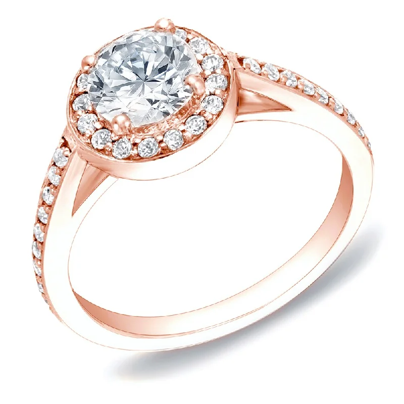 Clustered stone ring-Auriya 14k Rose Gold Certified 1ctw Round Diamond Halo Engagement Ring