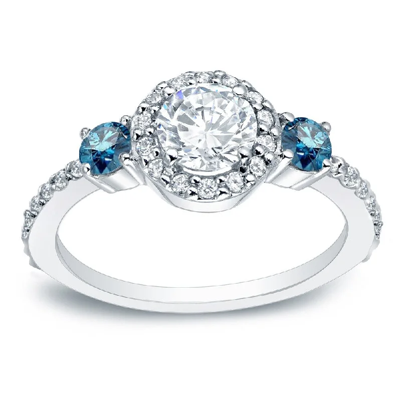 Mixed grain ring-Auriya 3/4ctw Round 3 Stone Halo Blue Diamond Engagement Ring 14k Gold