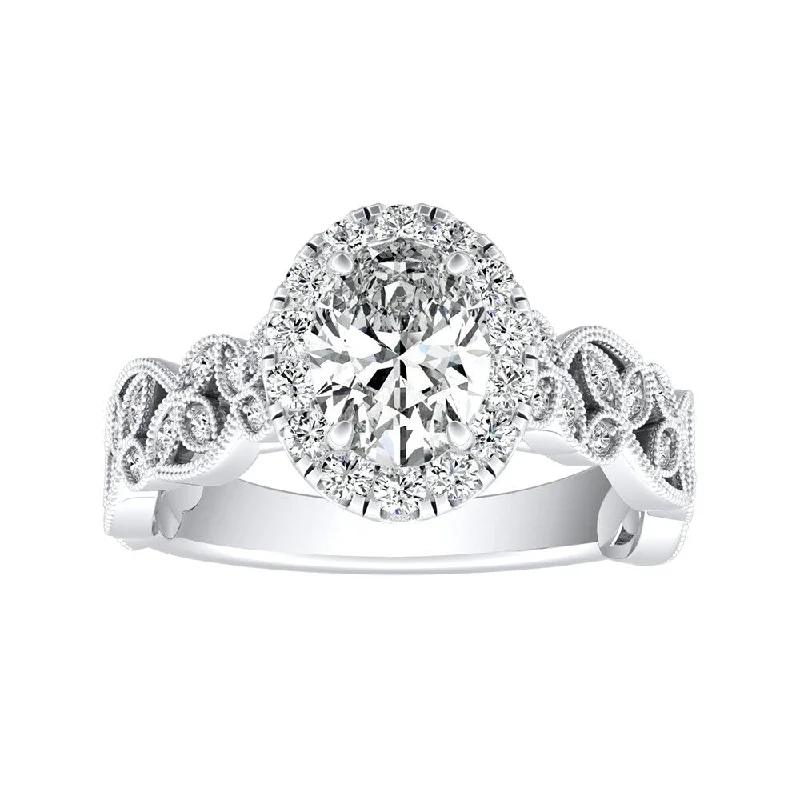 Air vent ring-Auriya Platinum Vintage Floral Vine Halo Oval Diamond Engagement Ring 3/4ctw