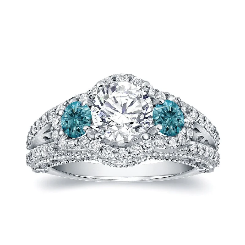 Leather band ring-Auriya Unique 2 1/4ctw 3 Stone Halo Blue Diamond Engagement Ring 14k White Gold (H-I, I1-I2)