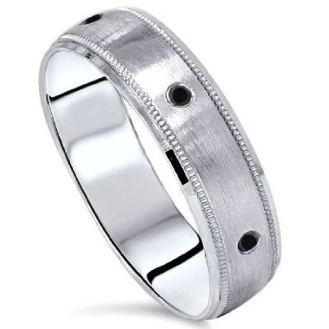 Cluster stack ring-Black Diamond Mens Wedding Ring 10k White Gold