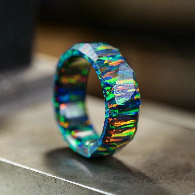 Recessed groove ring-Black Fire Opal Ring