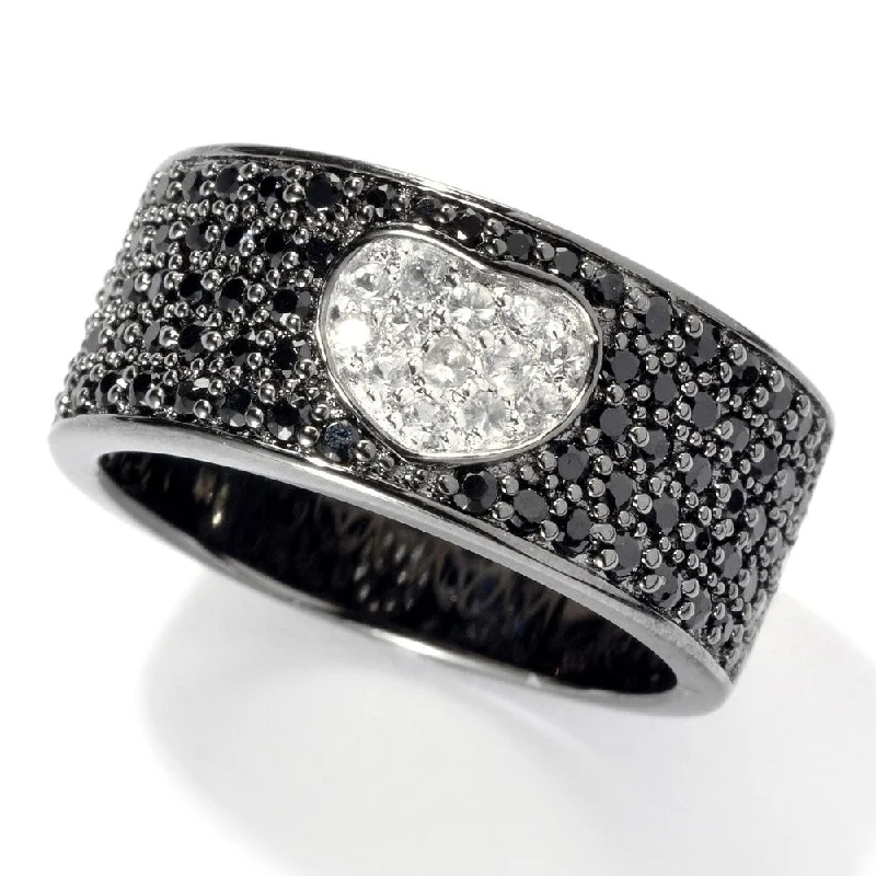 Folk print ring-Black Rhodium o/Silver 1.01ctw Black Spinel & White Sapphire Band Ring