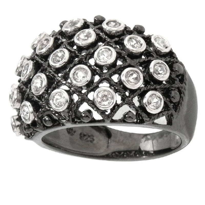 Stacked scale ring-Black Rhodium-plated Natural White Zircon Dome Ring