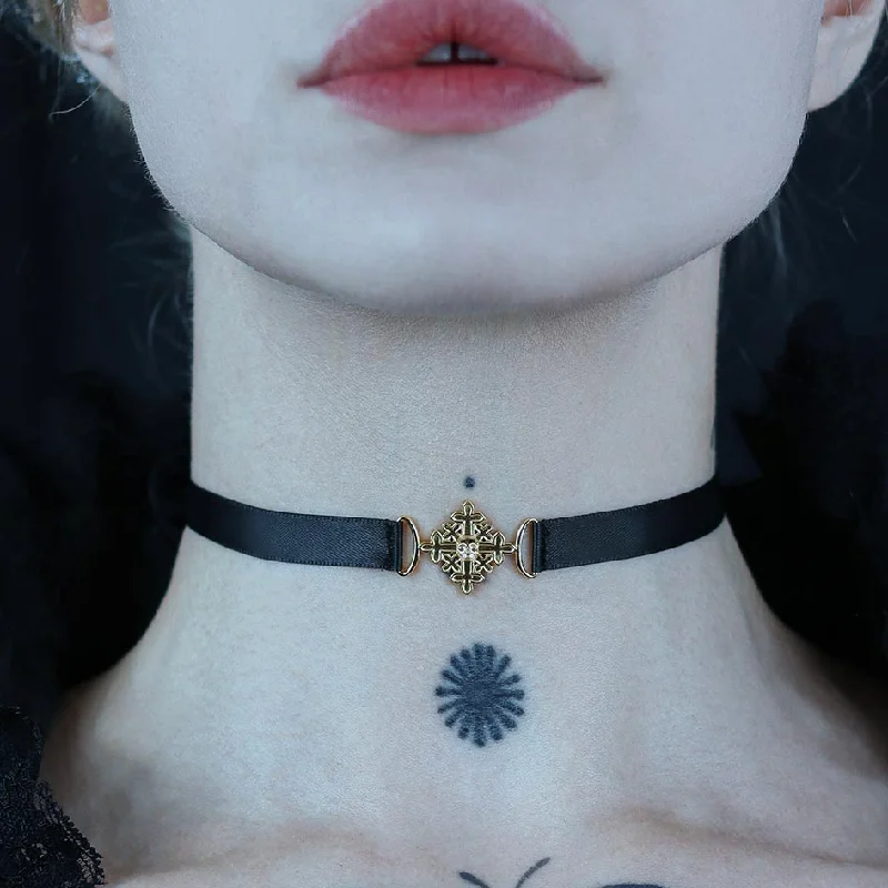 Willow nut necklace-BODICE. Skull & Cross Satin Choker - Gold