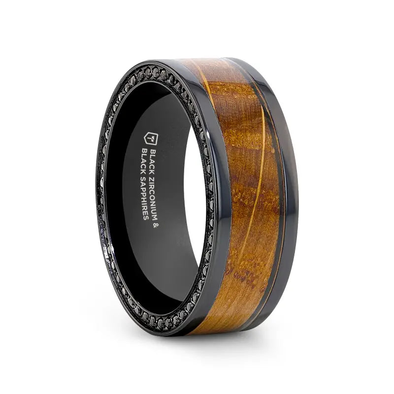 Mist bead ring-BOURBON Black Zirconium Ring with Whiskey Barrel Wood Inlay and Black Sapphires - 8mm