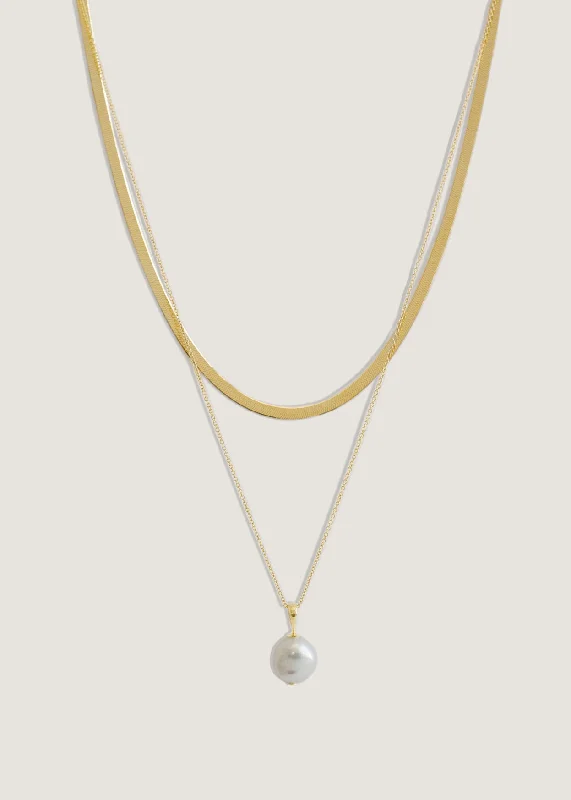 Wavy rim necklace-Carter Herringbone & Baroque Pearl Necklace Stack