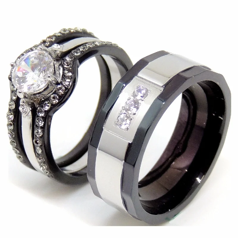 Sisal wrap ring-Couple Ring Set Women Black Stainless Steel Promise Ring Mens 3 CZs Wedding Band