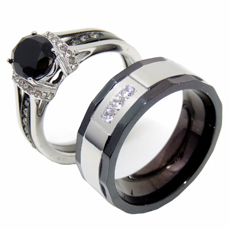 Pine wood ring-Couple Ring Set Womens Black Oval CZ Promise Ring Mens 3 CZ Wedding Band