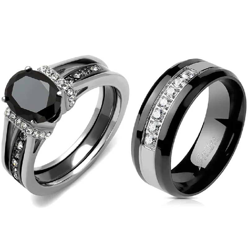 Sandstone speck ring-Couple Ring Set Womens Black Oval CZ Promise Ring Mens 7 CZs Wedding Band