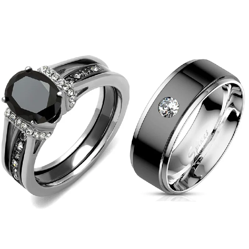 Tundra reed ring-Couple Ring Set Womens Black Oval CZ Promise Ring Mens Bezel Set CZ  Wedding Band