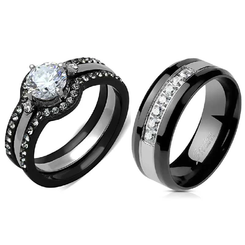 Tusk ridge ring-Couple Ring Set Womens Black Stainless Steel Promise Ring Mens 7 CZs Wedding Band