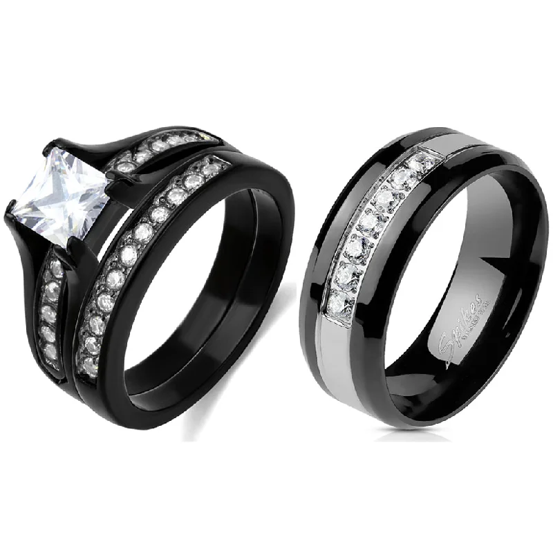 Stacked scale ring-Couple Ring Set Womens One Carat Princess CZ Black Promise Ring Mens 7 CZs Wedding Band