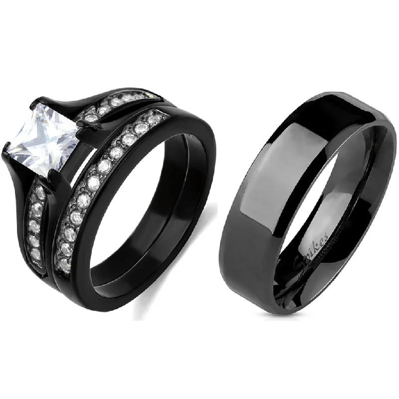 Gloss gem ring-Couple Ring Set Womens One Carat Princess CZ Black Stainless Steel Wedding Ring Set Mens Flat Band