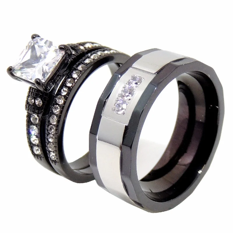 Iron relic ring-Couple Ring Set Womens Princess CZ Black Promise Ring Mens Wedding Band w/ 3 CZ