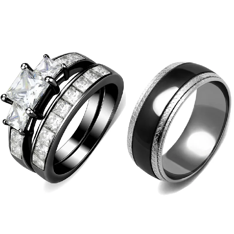 Oak grain ring-Couple Rings Black Set Womens 3 Stone Princess CZ Stainless Steel 2 Rings Mens Matching Band