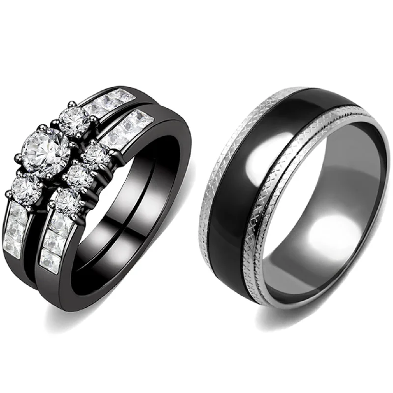 Early relic ring-Couple Rings Black Set Womens Stainless Steel Small Round CZ Engagement Ring Set Mens Wedding Band