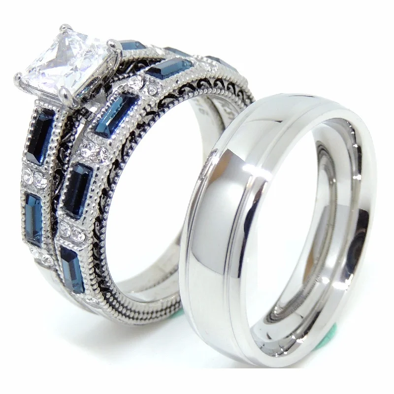 Micro bead ring-Couple Rings Set Womens Blue and Clear CZ Wedding Ring Mens Engagement Band