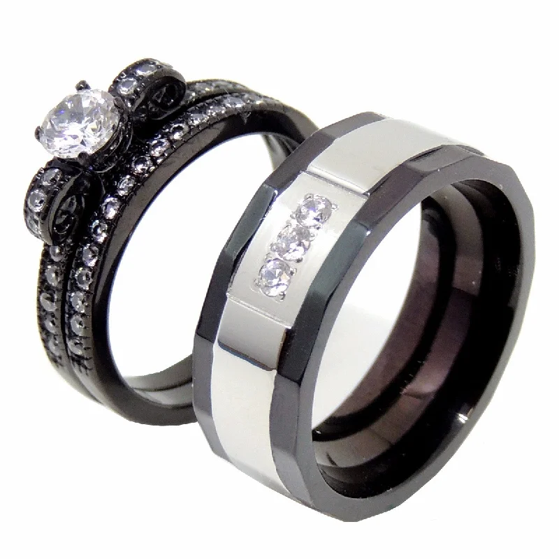 Layered gem ring-Couples Ring Set Womens Black Anniversary Ring Mens 3 CZ Two Tone Wedding Band