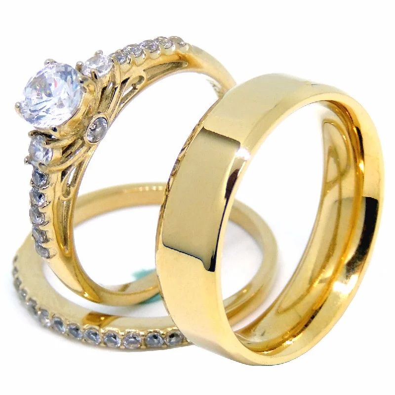 Ash bead ring-Couples Ring Set Womens Gold Plated 0.6 Carat Round CZ Ring Set Mens Gold Plated Flat Wedding Band