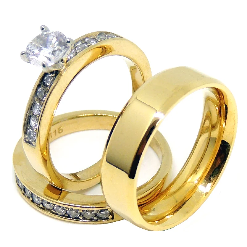 Check weave ring-Couples Ring Set Womens Gold Plated 6mm Round CZ Ring Set Mens Gold Plated Flat Wedding Band