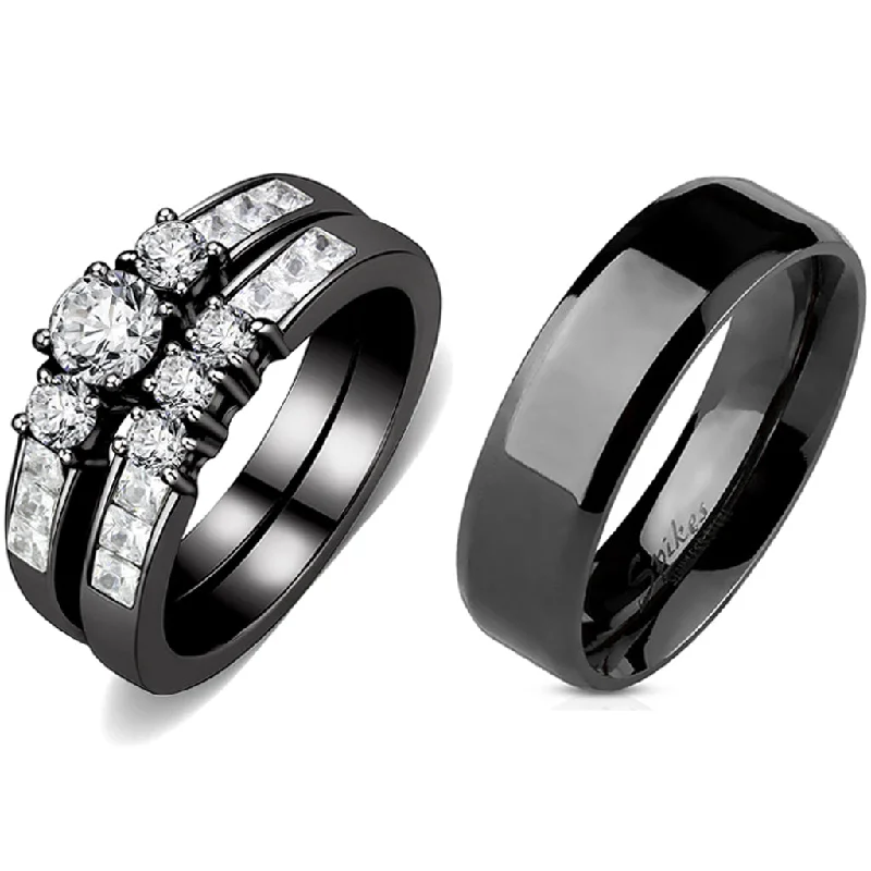 Twisted alloy ring-Couples Rings Black Set Womens 3 Stone Small Round CZ Engagement Ring Mens Flat Wedding Band