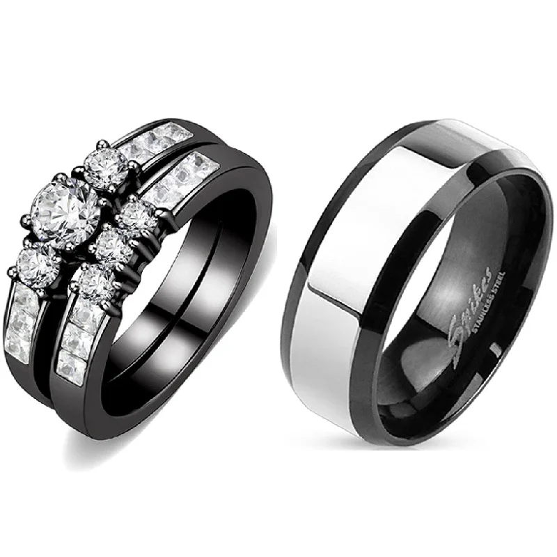 Pinned design ring-Couples Rings Black Set Womens 3 Stone Small Round CZ Engagement Ring Mens Two Tone Band