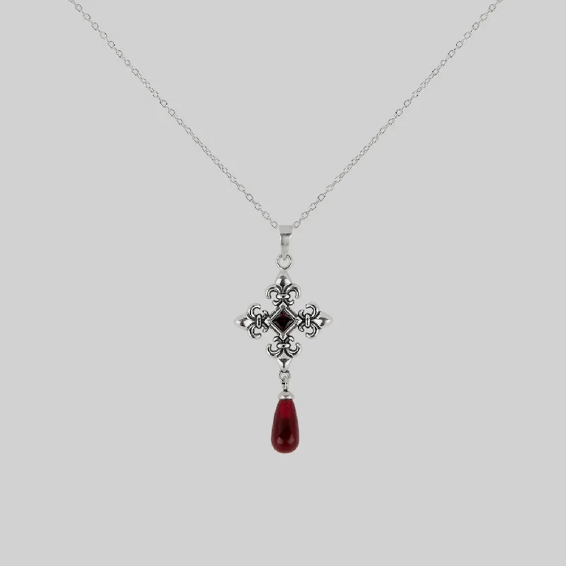 Onyx vein necklace-CRIMSON. Fleur de Lis Garnet Collar - Silver