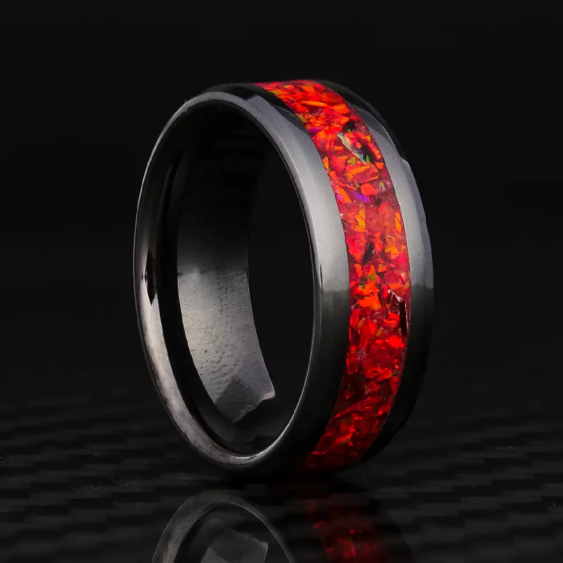 Braided band ring-Crimson Red Opal Glowstone Ring on Black Ceramic